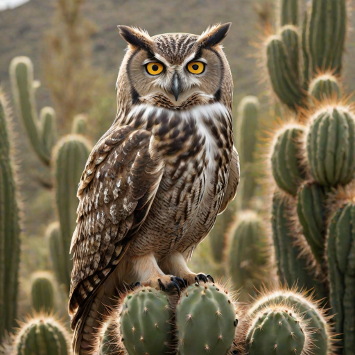 Generate an image of a majestic owl perched on a cactus. The owl should have striking yellow eyes and intricate feather patterns, showcasing a mix of browns and whites. The background should be softly blurred to emphasize the owl, capturing a bright and natural setting.
