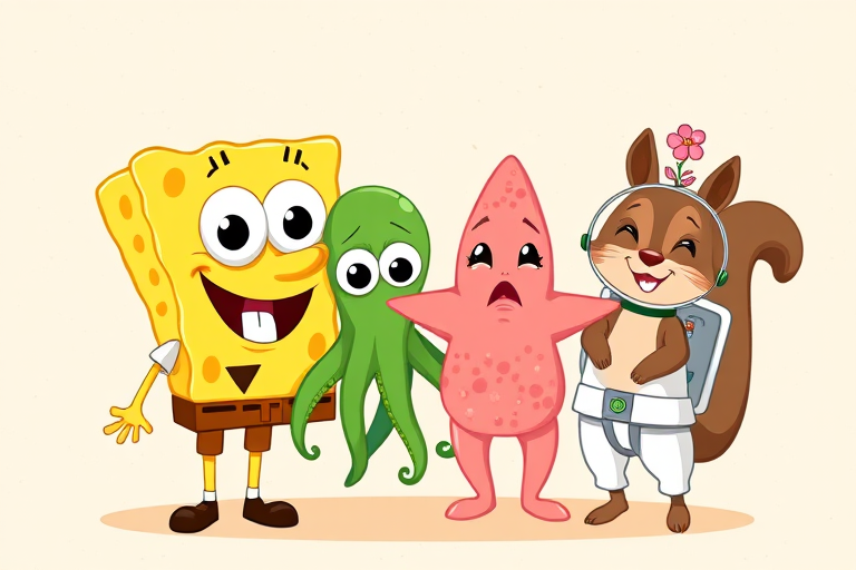 Create an illustration of four cartoon characters standing together on a textured beige background. The first character is a yellow square sponge with large eyes and a big smile wearing a brown tie. Next to him is a green octopus with a frown and large eyes. The third character is a pink starfish with a goofy smile. Lastly, there is a brown squirrel wearing a white space suit and a pink flower on her head, smiling widely.