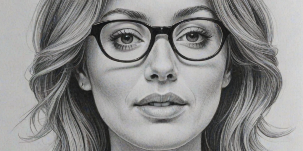 Fascinating Sasha Alexander, pencil sketch, portrait of Radiant woman 1966s in glasses, hair style beatnik, outline, clear lines, fine lines, 8k
