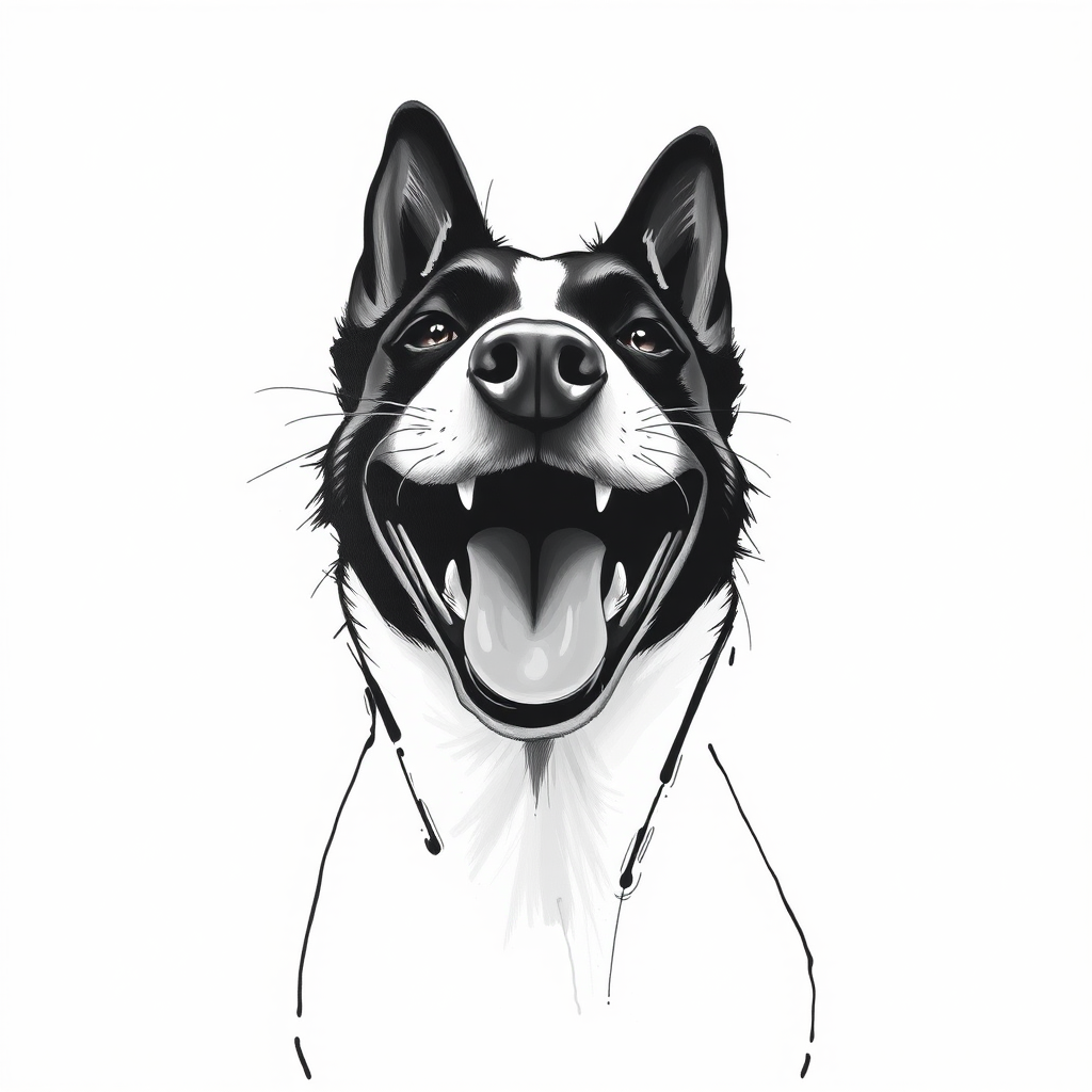 Abstract black and white acrylic portrait of an over exaggerated laughing (dog). Minimalism style. White background.