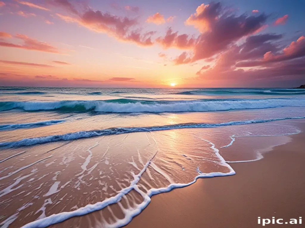 Serene Sunset Over Calm Ocean Waves Beneath Colorful Cloudy Sky
