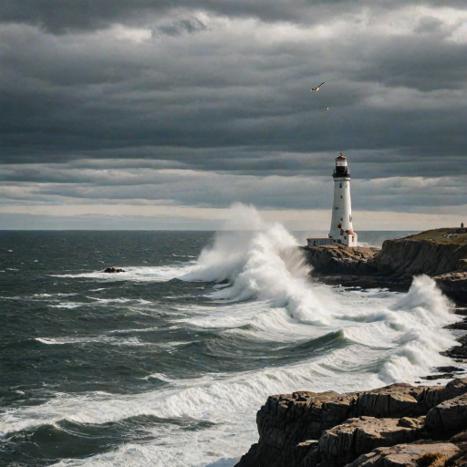 Sharp, high-contrast photo of a lighthouse standing tall on a rocky coastline, waves crashing against the rocks below, soft sunlight filtering through the clouds, distant seagulls flying overhead, the sound of the ocean filling the air.