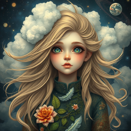 Create a series of imaginative portraits where each subject is infused with elements of fantasy and nature. The hair of the individuals should flow like clouds, varying from soft, fluffy cumulus to wispy cirrus strands, with hints of color reflecting a sunset or a clear blue sky. The eyes should be windows to entire galaxies, with stars, nebulae, and distant planets visible within them. Clothing should be adorned with nature motifs, such as floral patterns that bloom and change, vines that seem to grow and wrap around, or feathers that shimmer with iridescence. Each portrait should capture a unique personality, blending human features with the ethereal beauty of the natural and cosmic world. The backgrounds can vary, from starry night skies to enchanted forests, adding depth and context to the magical realism of the portraits