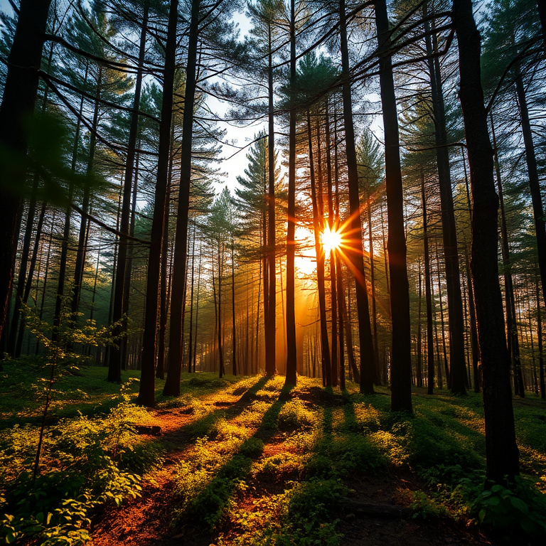 create a high-resolution image of a tranquil forest landscape during golden hour with sunlight filtering through the trees, using a Canon EOS 5D Mark IV at f/4.0, ISO 100, 1/200s, wide-angle lens, and a low-angle view for depth and richness in colors.
