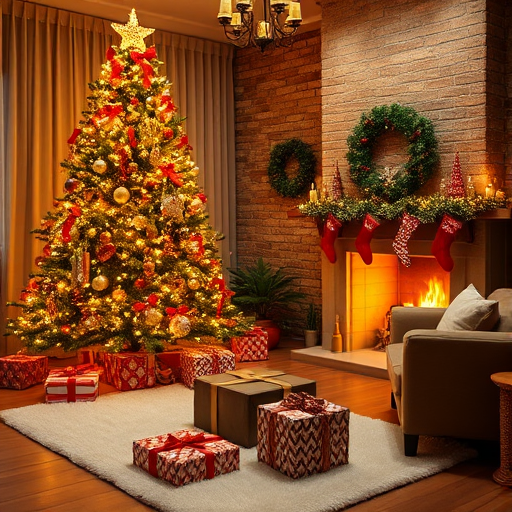 Cozy living room decorated for Christmas with a large illuminated tree adorned with ornaments and bows stockings hanging from the mantel a warm fireplace glowing with fire presents wrapped in festive paper on a white rug and comfortable seating in a welcoming atmosphere