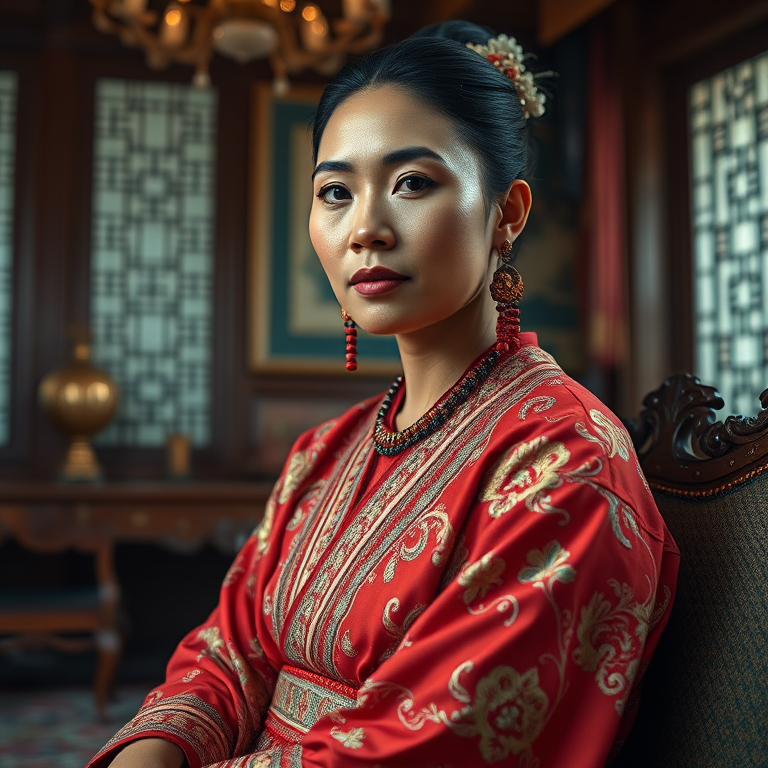 A beautiful Aboriginal Australian woman in traditional East Asian attire, intricately detailed with embroidered patterns, sitting gracefully in a richly decorated room, soft ambient lighting, serene and elegant, ultra-realistic, 8K resolution
