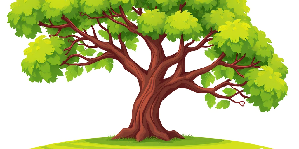 Generate a vibrant cartoon-style tree with lush green foliage and a brown trunk on a bright background, using a DSLR camera with a 50mm lens, f/2.8, ISO 100, shot from a low angle to emphasize height and detail.