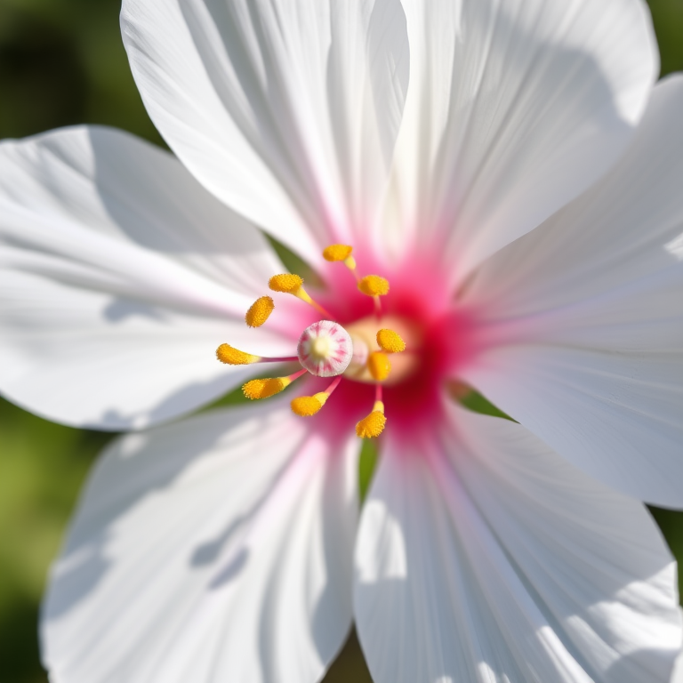 A close-up photograph of a white flower with a pink center and yellow stamen, captured in natural lighting using a DSLR camera, aperture f/2.8, shutter speed 1/200s, ISO 100, with a shallow depth of field to enhance details.