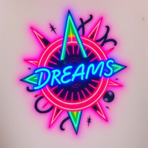 Neon sign-inspired tattoo called "Electric Dreams" using bold lines and vivid colors to mimic the glow of neon tubes, creating an eye-catching retro-futuristic design
