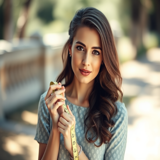 portrait of a woman in a vintage dress holding a measuring tape, soft natural lighting, depth of field, 50mm lens, f/1.8, ISO 100, shot from eye level with a shallow focus for clarity.