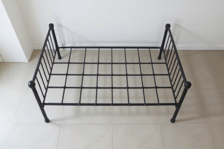 Generate a high-quality image of a single metal bed frame positioned in a neutral setting, using a Canon EOS R5 camera with a 50mm lens, aperture set to f/1.8, shutter speed at 1/125s, ISO 200, natural light from the left, top-down view for clarity and detail.