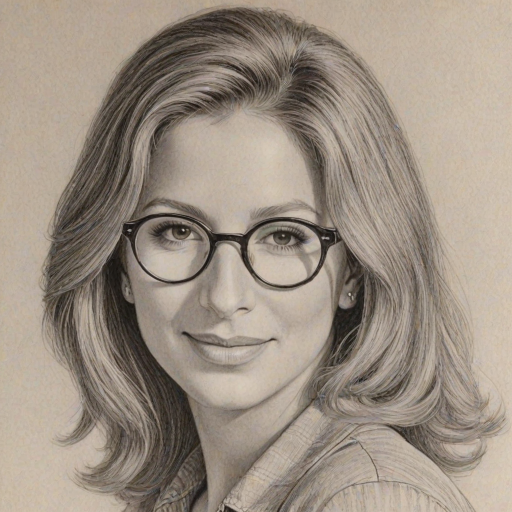 Enticing Barbra Streisand, pencil sketch, portrait of Comely woman 1942s in glasses, hair style beatnik, outline, clear lines, fine lines, 8k