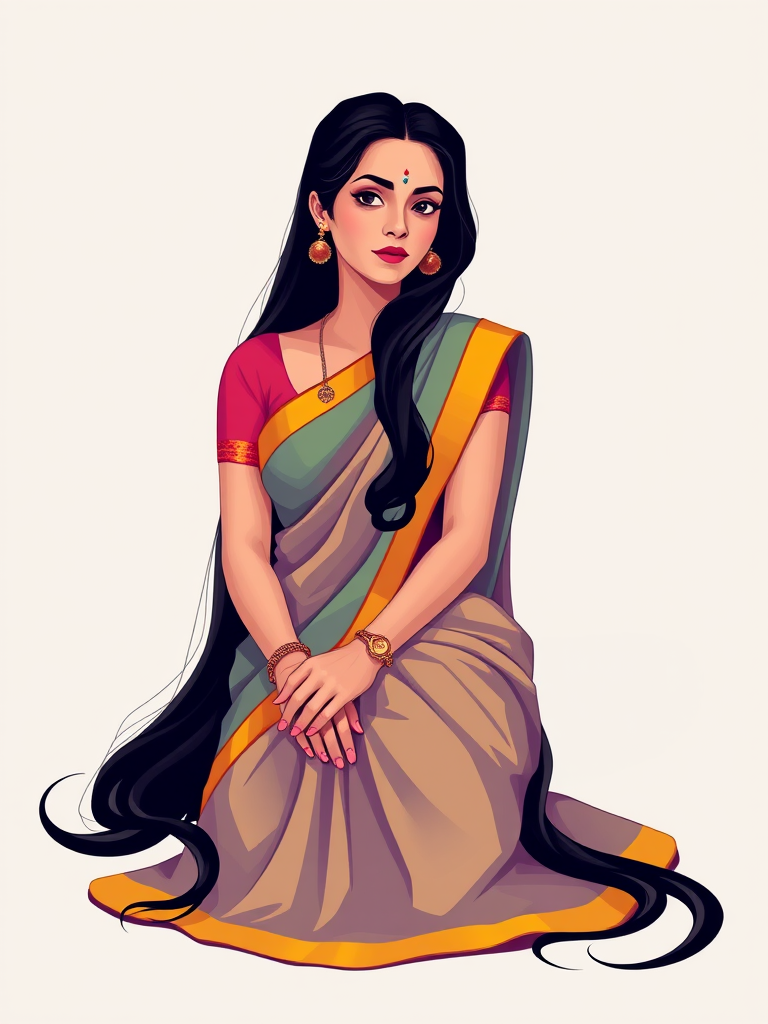 Generate a vibrant vector illustration of a woman in a traditional saree with long black hair, seated gracefully, soft lighting, 50mm lens, f/2.8 aperture, ISO 100, shot from a slightly elevated angle, digital art style, high resolution.