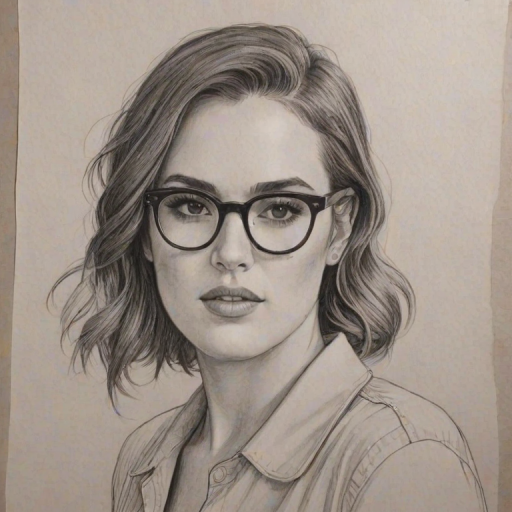 Lovely Rumer Willis, pencil sketch, portrait of Fascinating woman 1969s in glasses, hair style beatnik, outline, clear lines, fine lines, 8k