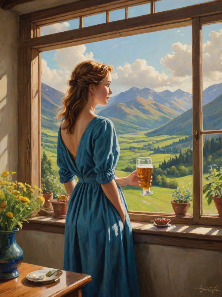 In "A Glass of Beer on the Highland," a serene scene is depicted in a sunlit room where a woman in a vibrant blue dress stands by a large window. She holds a tray with a hearty meal and a frothy glass of beer, embodying a moment of relaxation. Outside, the breathtaking highland landscape features rolling green hills and a charming traditional house, all bathed in warm afternoon light. The interior is adorned with potted plants, creating a harmonious blend of comfort and nature. The painting beautifully captures the tranquility and joy found in simple pleasures amidst stunning scenery
