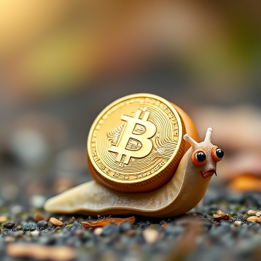 A cartoon snail with a Bitcoin coin on its shell, bright colors, soft focus, macro lens, f/2.8 aperture, 50mm lens, natural lighting, high resolution, vibrant contrast, clear detailing.