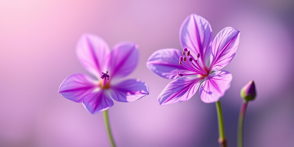 Create a hyper-realistic image of a purple flower with a soft gradient, showcasing both a blooming flower and a budding flower, taken with a DSLR camera, 50mm lens, aperture f/2.8, ISO 100, in natural light, emphasizing vibrant colors and fine details.