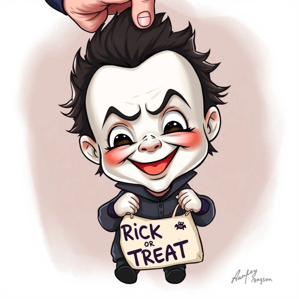 A whimsical caricature of a child version of Michael Myers, grinning mischievously. He is held by the hand of an unrecognizable person (only their hand visible), while holding a bag labeled 'Trick or Treat.' His facial expression is playful yet slightly menacing, reflecting his iconic figure. The scene is in portrait format with a Halloween theme, featuring exaggerated cartoon details like big eyes, a small body, and a creepy yet light-hearted tone.