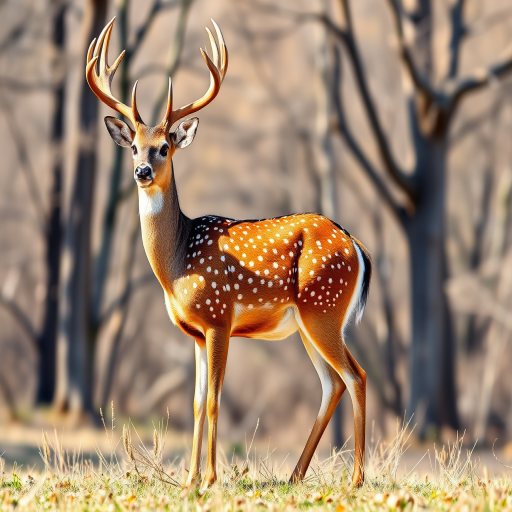 Generate a high-quality illustration of a spotted deer standing majestically with detailed fur texture and vibrant colors, using a DSLR camera with a 50mm lens, aperture set to f/2.8, ISO 100, captured in natural light at a slight angle to emphasize its antlers and form.