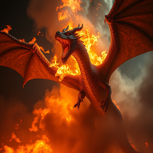 dragon roaring in flames and smoke, dynamic composition, high contrast, 35mm lens, f/2.8, ISO 100, 1/500s, cinematic lighting, ultra HD, digital painting style, epic fantasy atmosphere