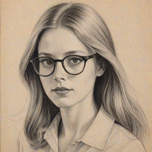 Splendid Mina Sundwall, pencil sketch, portrait of Enchanting woman 1969s in glasses, hair style beatnik, outline, clear lines, fine lines, 8k