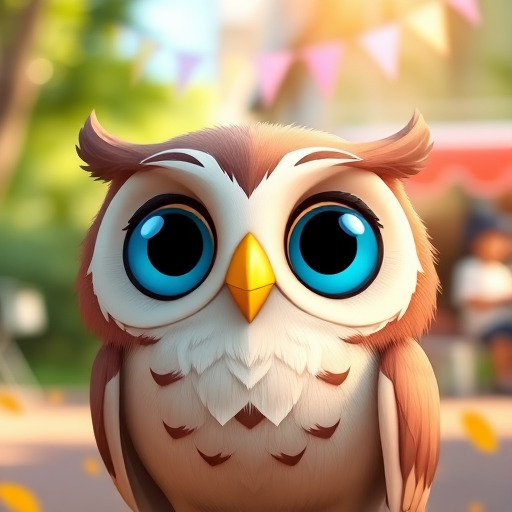 Create a high-quality cartoon image of a cheerful owl character with large blue eyes and a friendly smile, captured with a DSLR camera at f/2.8 aperture, 50mm lens, in a vibrant outdoor setting with soft natural lighting.