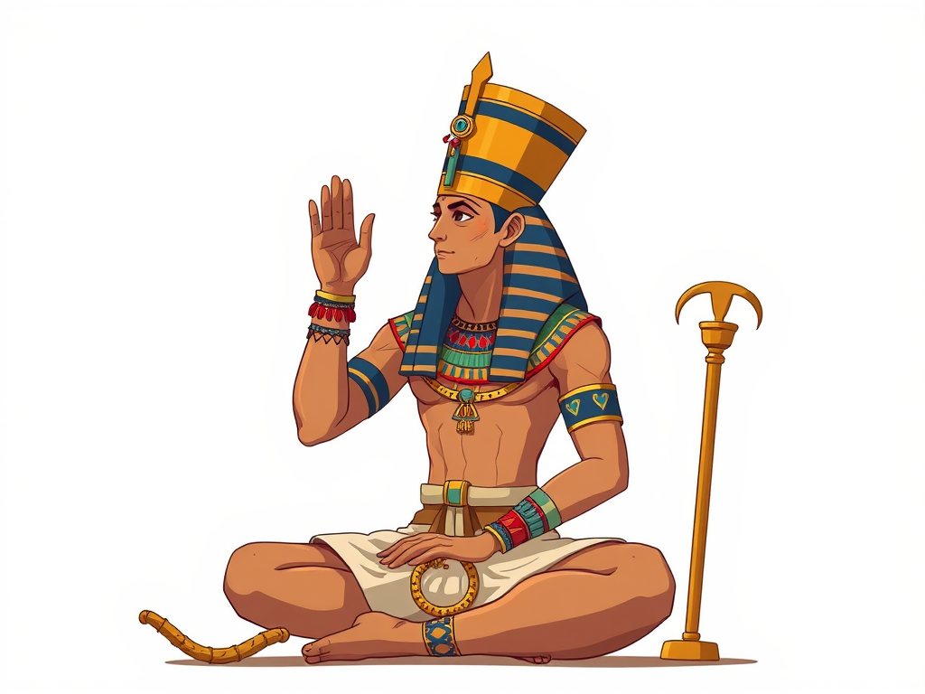 Create a high-resolution illustration of an ancient Egyptian figure sitting with a raised hand, adorned in traditional jewelry and clothing, include symbols like the Eye of Horus and ankh, using a Canon EOS R5 with a 50mm lens, f/2.8 aperture, ISO 100, and natural lighting for enhanced detail and warmth.