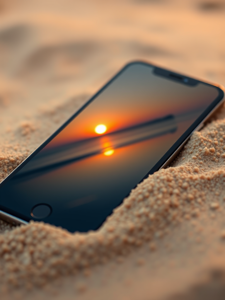 Capture a smartphone partially buried in sand with a stunning sunset reflection on its screen, using a shallow depth of field, aperture f/2.8, ISO 100, 1/200s, shot from a low angle in natural lighting with a DSLR camera for enhanced image quality.