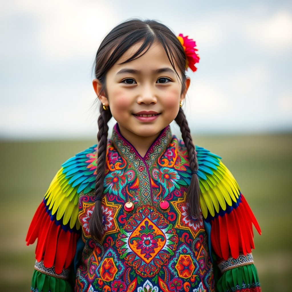 A beautiful Mongolian girl, wearing colorful bird clothing with vibrant colors