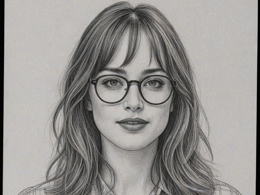 Splendid Dakota Johnson, pencil sketch, portrait of Appealing woman 1971s in glasses, hair style beatnik, outline, clear lines, fine lines, 8k