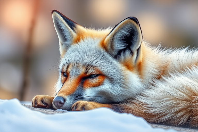 Create a highly detailed and vibrant illustration of a silver fox resting, with a soft-focus background, using a Canon EOS 5D Mark IV, aperture f/2.8, ISO 100, and a 50mm lens in natural light for maximum clarity and color depth.