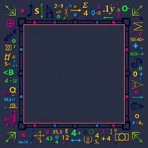 Create an image of a blank rectangular frame with a decorative border filled with colorful mathematical symbols and equations, captured using a DSLR camera with a 50mm f/1.8 lens, ISO 100, aperture f/2.8, and a focal length of 50mm, with a shallow depth of field to enhance the vibrancy of the border while keeping the center focused and clear.