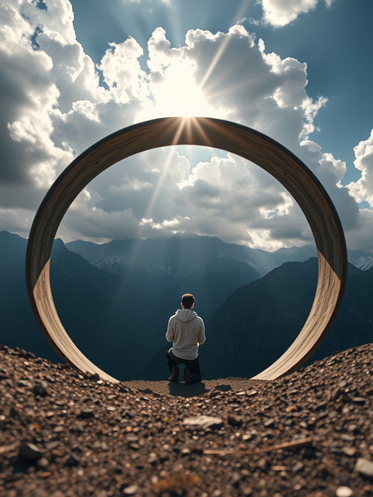 Create an image of a person kneeling in a circular portal, surrounded by mountainous terrain and dramatic clouds, with sunlight streaming through the portal; use a full-frame camera, f/1.8 aperture, ISO 100, 24mm lens, and a shallow depth of field for enhanced clarity and detail.