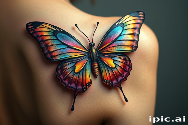 Hyper-realistic 3D butterfly tattoo with wings that appear to lift off the skin, showcasing iridescent colors and delicate textures, placed on the shoulder blade for a stunning visual effect