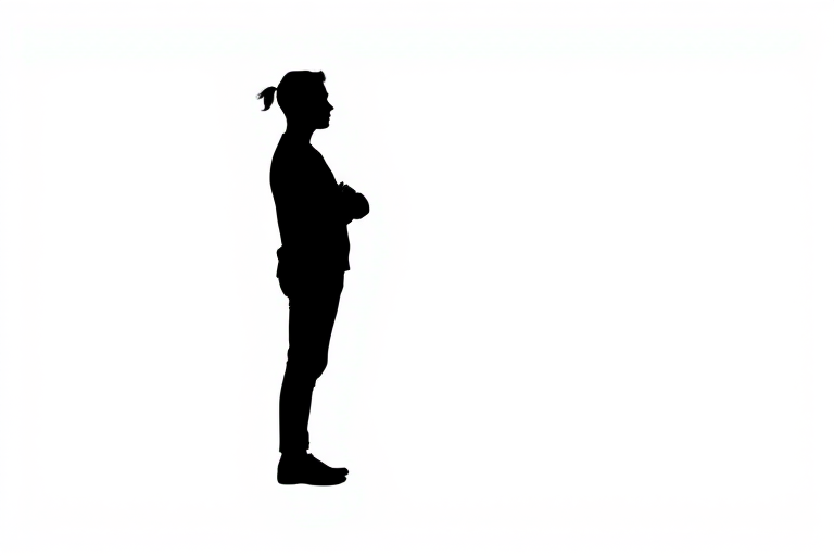Generate a high-quality image of a simple black silhouette of a person standing upright in a neutral pose, using a DSLR camera with an aperture of f/2.8, ISO 100, shutter speed 1/200s, shot from a frontal view with natural lighting.