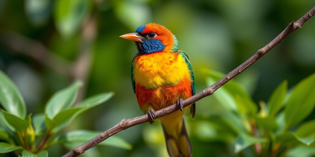 A close-up shot of a colorful bird perched on a branch, with lush green foliage in the background, taken with a Canon EOS 90D, 100mm lens, f/2.8 aperture, ISO 200, 1/400s shutter speed, natural light, shallow depth of field for a blurred background effect.