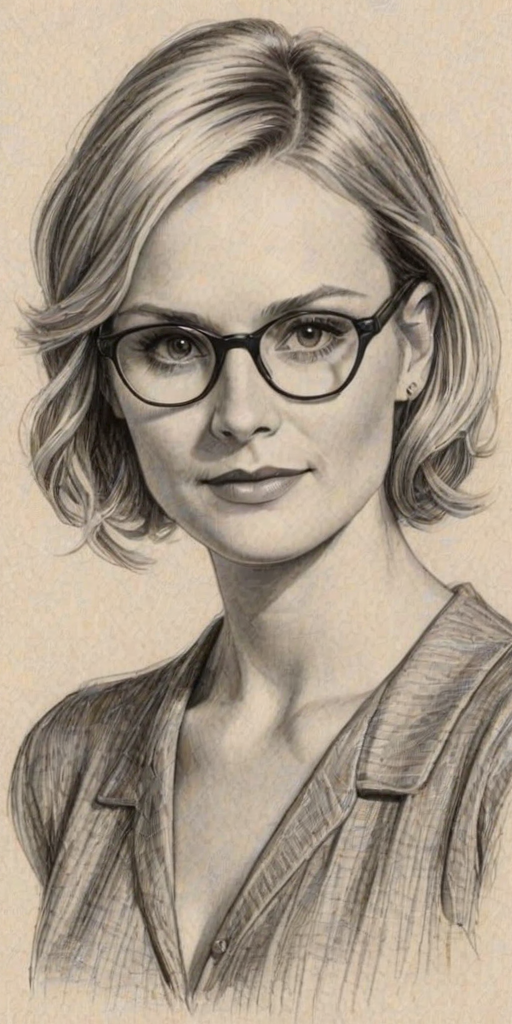 Lovely Bonnie Somerville, pencil sketch, portrait of Superb woman 1928s in glasses, hair style beatnik, outline, clear lines, fine lines, 8k