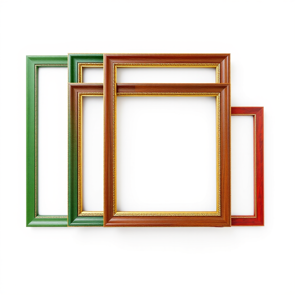 three empty picture frames in green, brown, and red wood with gold trim on a plain white background, 50mm lens, f/2.8 aperture, ISO 100, top-down view, studio lighting, digital camera.