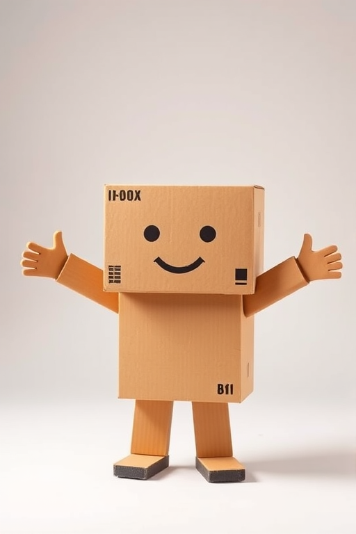 Create an image of a cute cardboard box mascot with a smiling face, standing upright with arms outstretched, using a DSLR camera with a 50mm lens at f/1.8, ISO 100, and a shutter speed of 1/200s, in a well-lit studio setting with a soft-focus background.