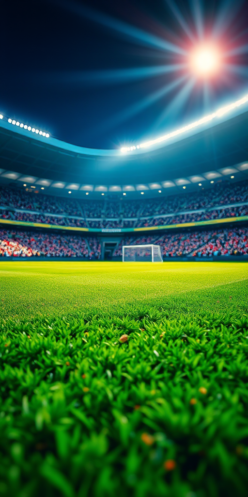 Generate an image of a brightly lit soccer stadium filled with fans, focusing on the grassy field in the foreground, with a wide-angle view, using a DSLR camera, f/2.8 aperture, ISO 400, 24mm lens, and a high dynamic range to enhance depth and clarity.