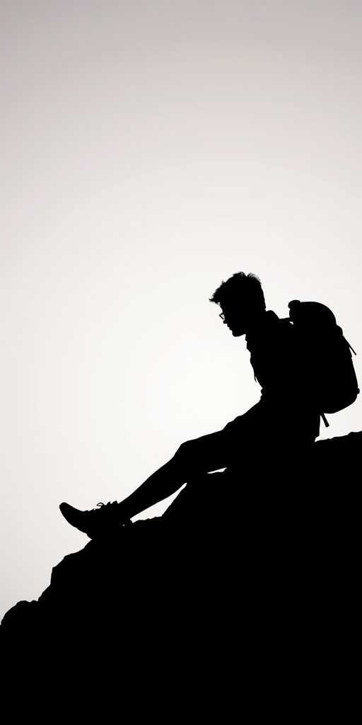 Create a high-resolution image of a stylized black silhouette of a person sitting on a rock with a backpack, against a minimalist background, using a DSLR camera with a 50mm lens, aperture f/1.8, shutter speed 1/200s, ISO 100, shooting in portrait mode for a soft focus effect.