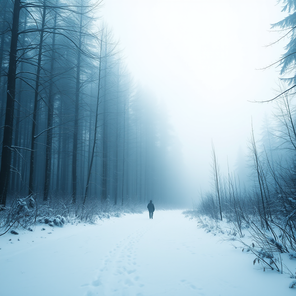 Create a serene winter forest scene with a lone figure walking through a snowy landscape, soft blue and white color palette, misty atmosphere, captured with a Canon EOS R5, 50mm lens, f/1.8 aperture, ISO 100, and a shallow depth of field to enhance the dreamlike quality.