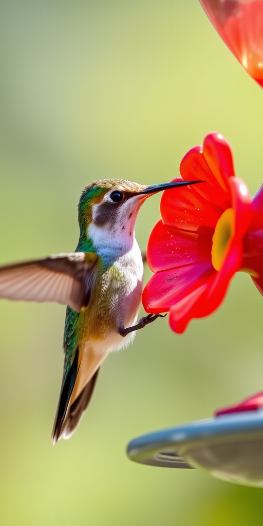 Capture a close-up photograph of a hummingbird feeding at a flower-shaped feeder with a shallow depth of field, ISO 400, f/2.8, 1/1000 sec, using a DSLR camera, 200mm lens, natural lighting, and a focus on the bird's detailed feathers and vibrant colors.