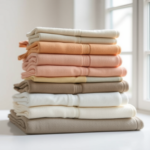 Stack of neatly arranged towels in soft, muted colors on a white surface, natural light coming from a window, shallow depth of field, ISO 200, f/2.8, 50mm lens, DSLR camera.