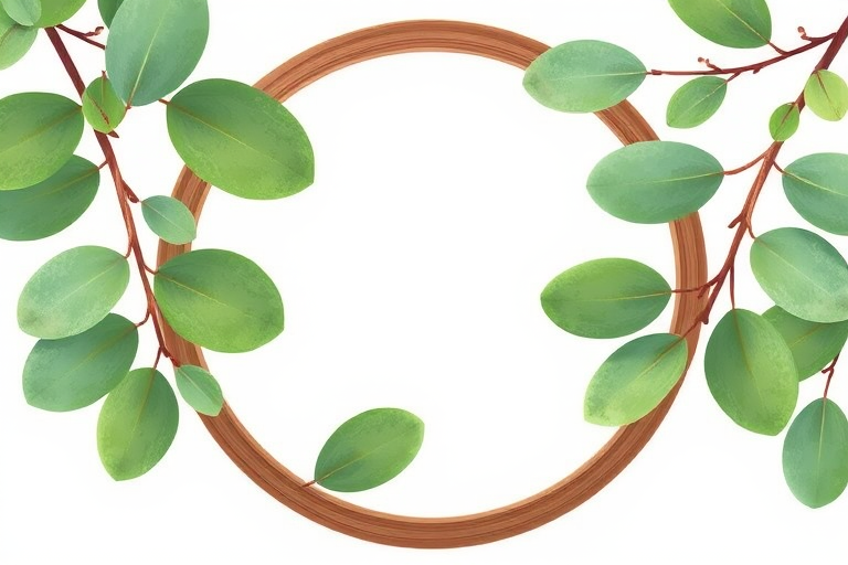 Create a high-resolution illustration of a circular frame with eucalyptus leaves gracefully placed on one side, using a DSLR camera in macro mode, f/2.8 aperture, 1/200 shutter speed, and natural lighting for enhanced detail and clarity.
