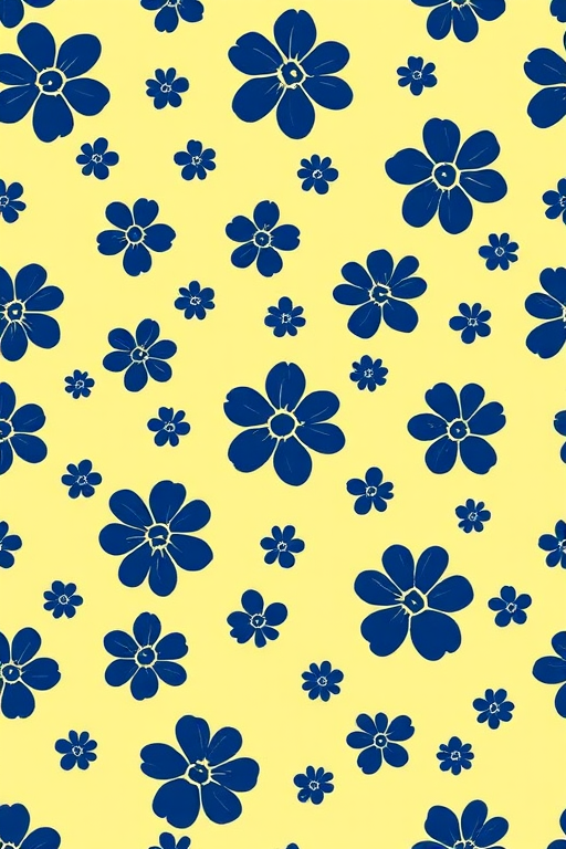 create a seamless pattern of small navy blue floral motifs on a soft yellow background, DSLR camera, f/8 aperture, 50mm focal length, ISO 100, top-down view, high-resolution image.