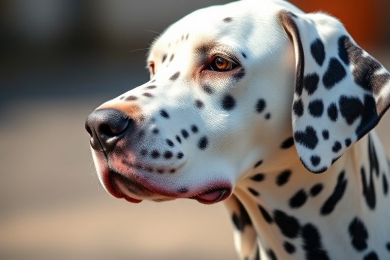 Generate a high-resolution image of a Dalmatian dog with a focus on its profile, using a DSLR camera with a 50mm lens, aperture set to f/1.8, ISO 100, and natural soft lighting to enhance textures and details.