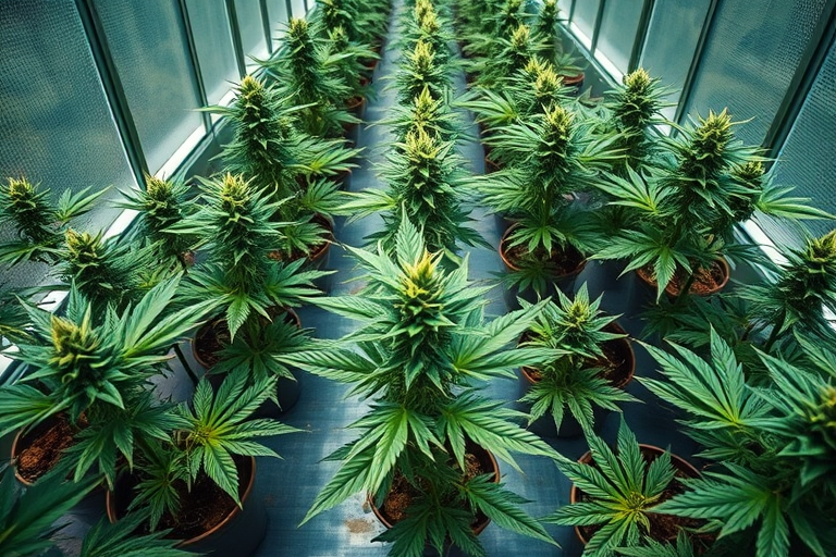 top-down view of potted marijuana plants in a greenhouse, shallow depth of field, f/2.8 aperture, 1/125 sec exposure, ISO 200, DSLR camera, natural lighting