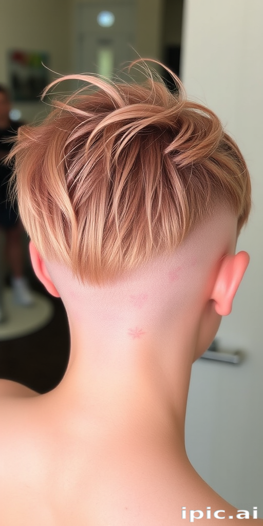 Rose gold pixie undercut with delicate floral designs etched into the buzzed portions, called "Blossoming Dawn" hair, featuring a textured crown and wispy tendrils