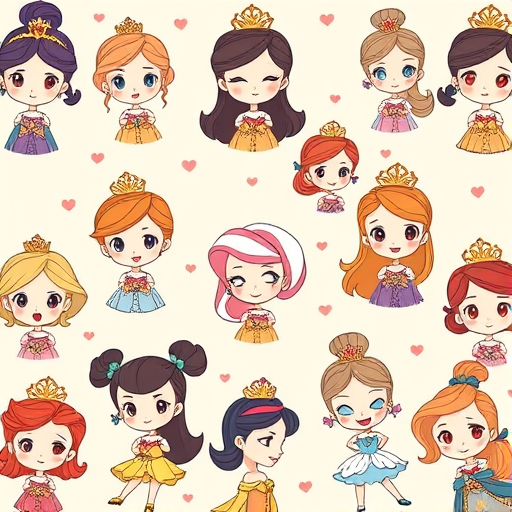 Create a cute and colorful illustration of various cartoon princesses with big heads and small bodies arranged in a playful pattern on a light beige background. Include characters with different hairstyles and outfits, showing a variety of expressions. Make sure the style is whimsical and appealing, capturing a fun and cheerful atmosphere.